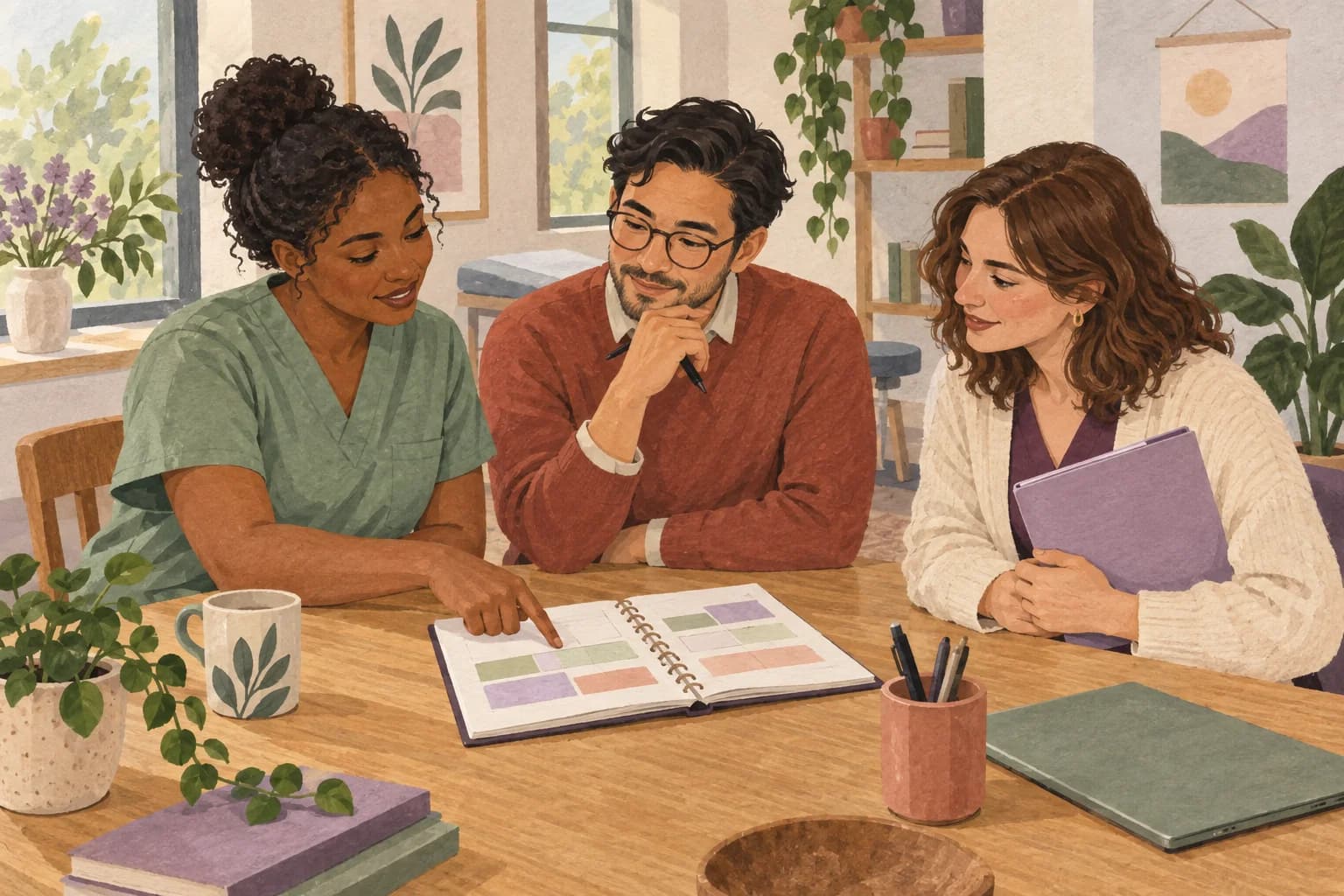 Editorial illustration of three care team colleagues reviewing a planner together.