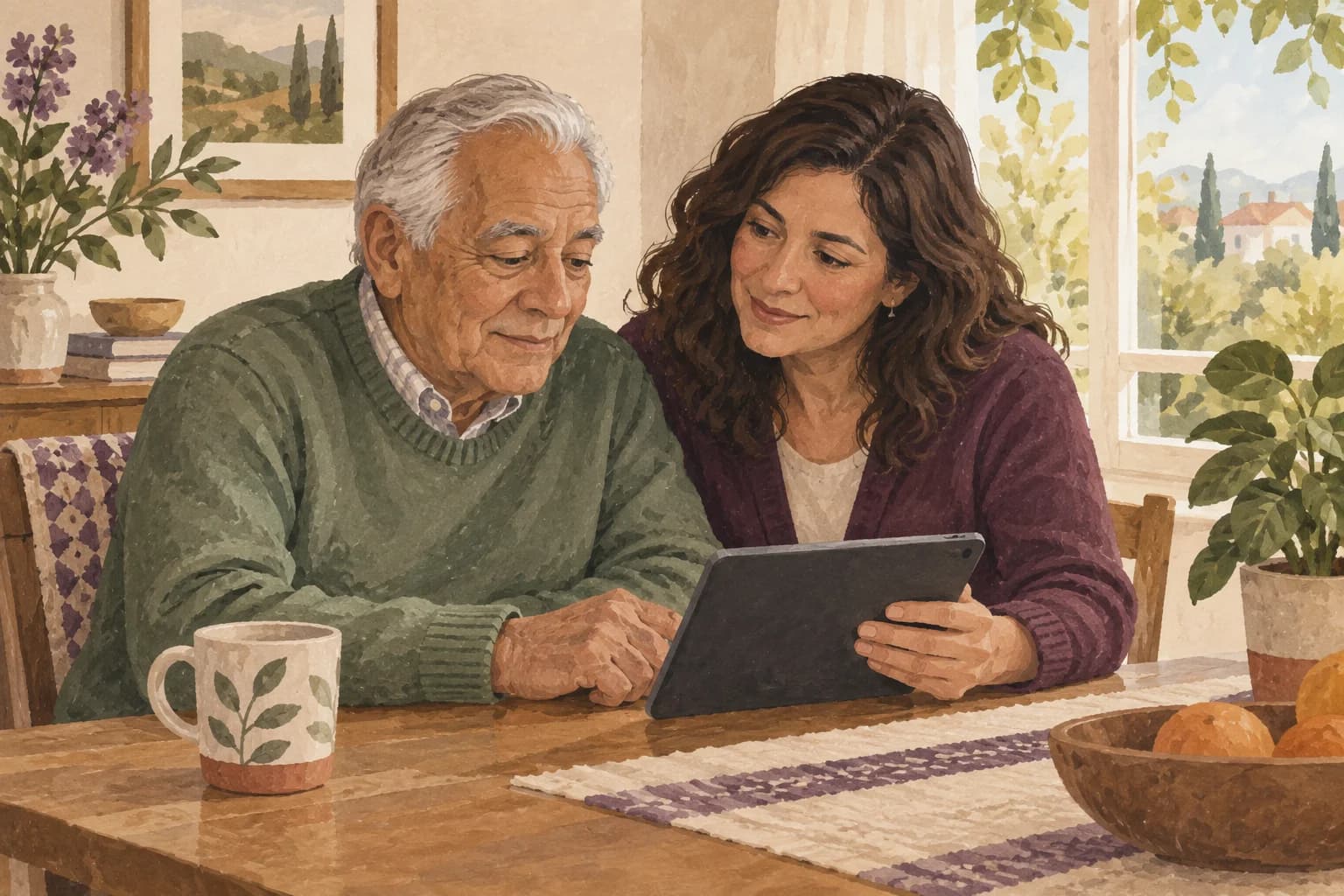Editorial illustration of an older father and his adult daughter looking at a tablet together at home.