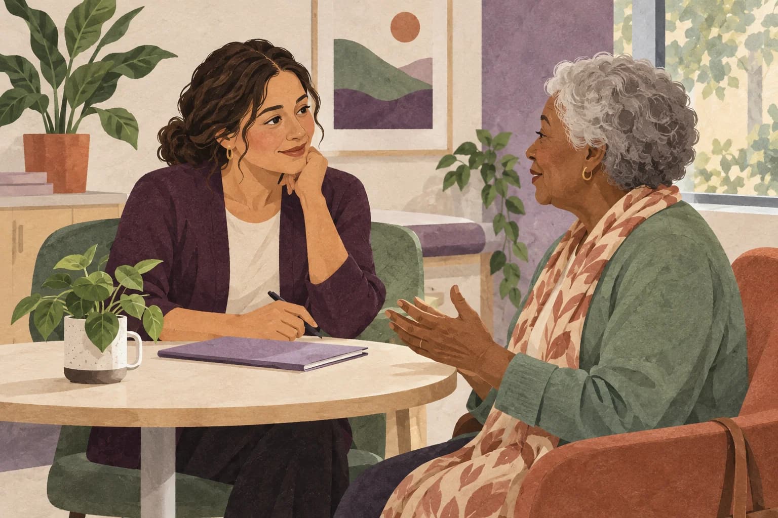 Editorial illustration of a care coordinator listening to an older patient across a small table.