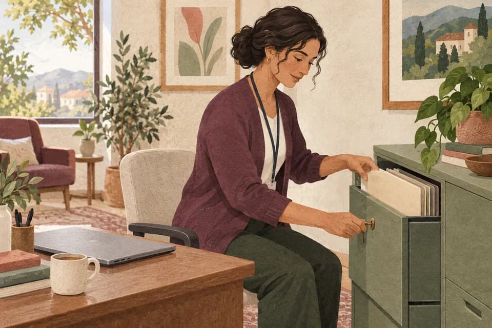 Conceptual illustration of a coordinator securing a patient folder in a cabinet