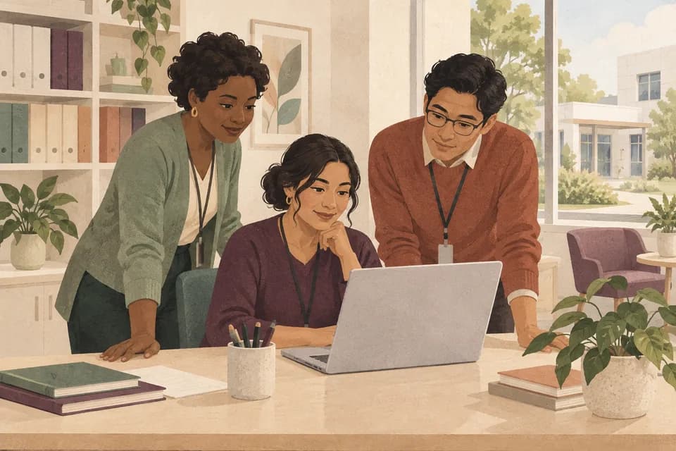 Illustration of a care team working together in a shared clinic office