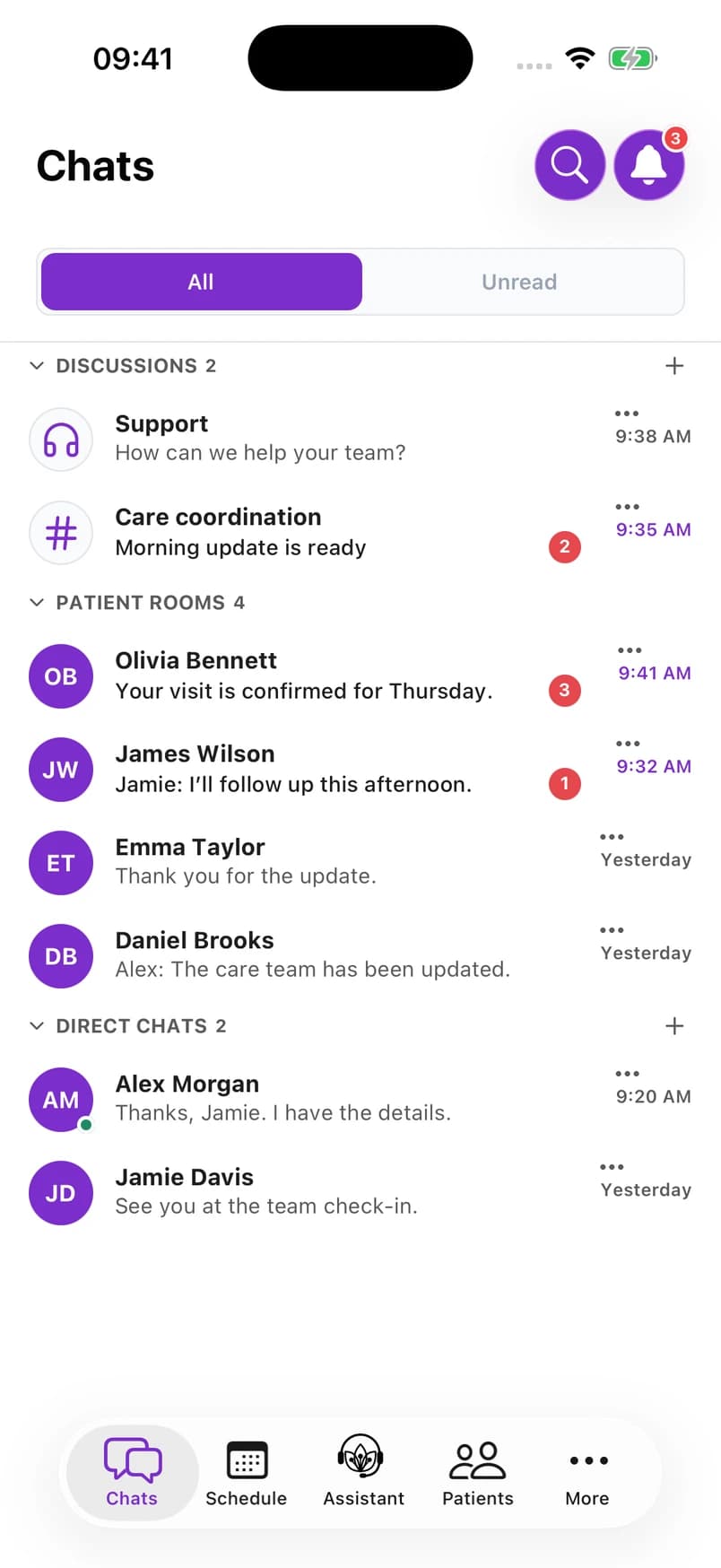 Mobile chat list with discussions, patient rooms, direct chats, and unread badges