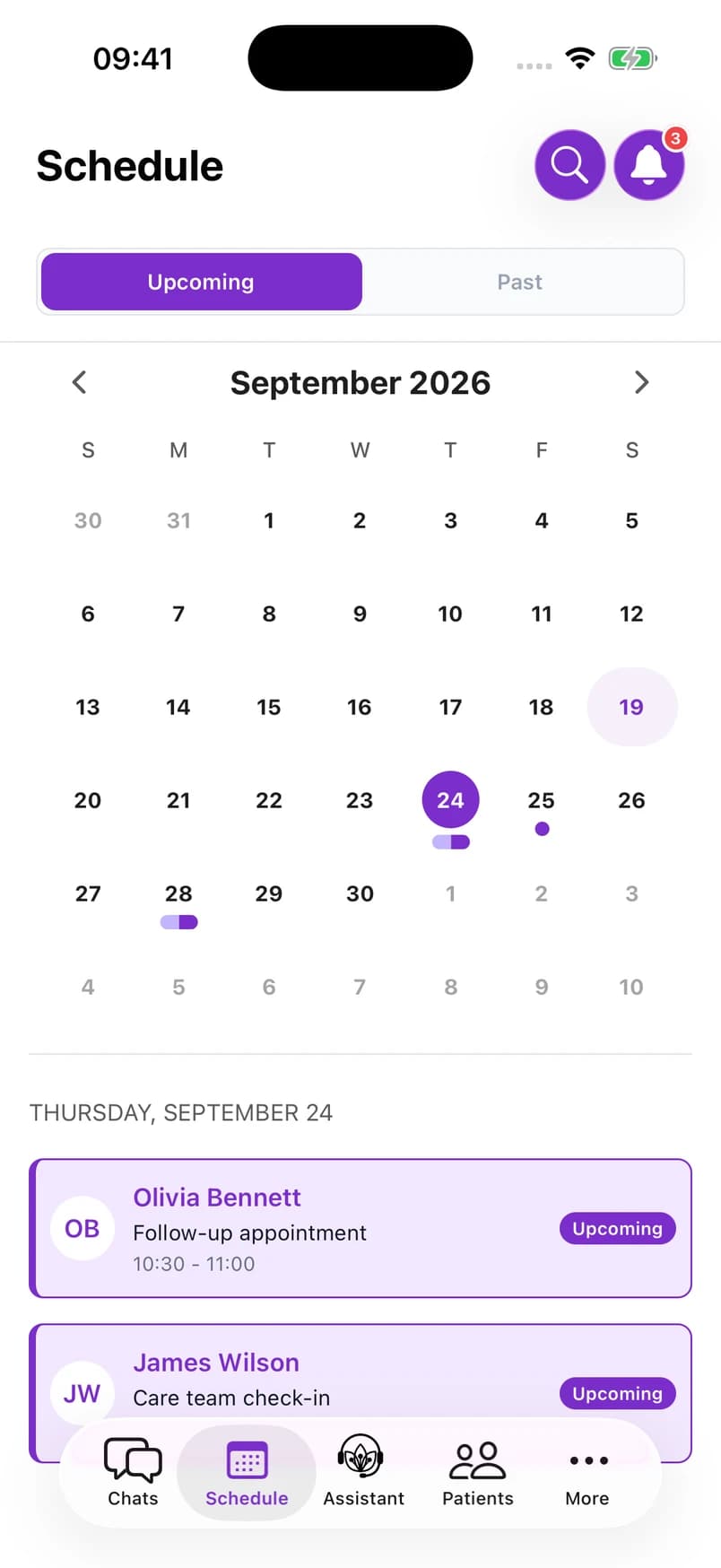 Mobile September calendar with sample patient appointments