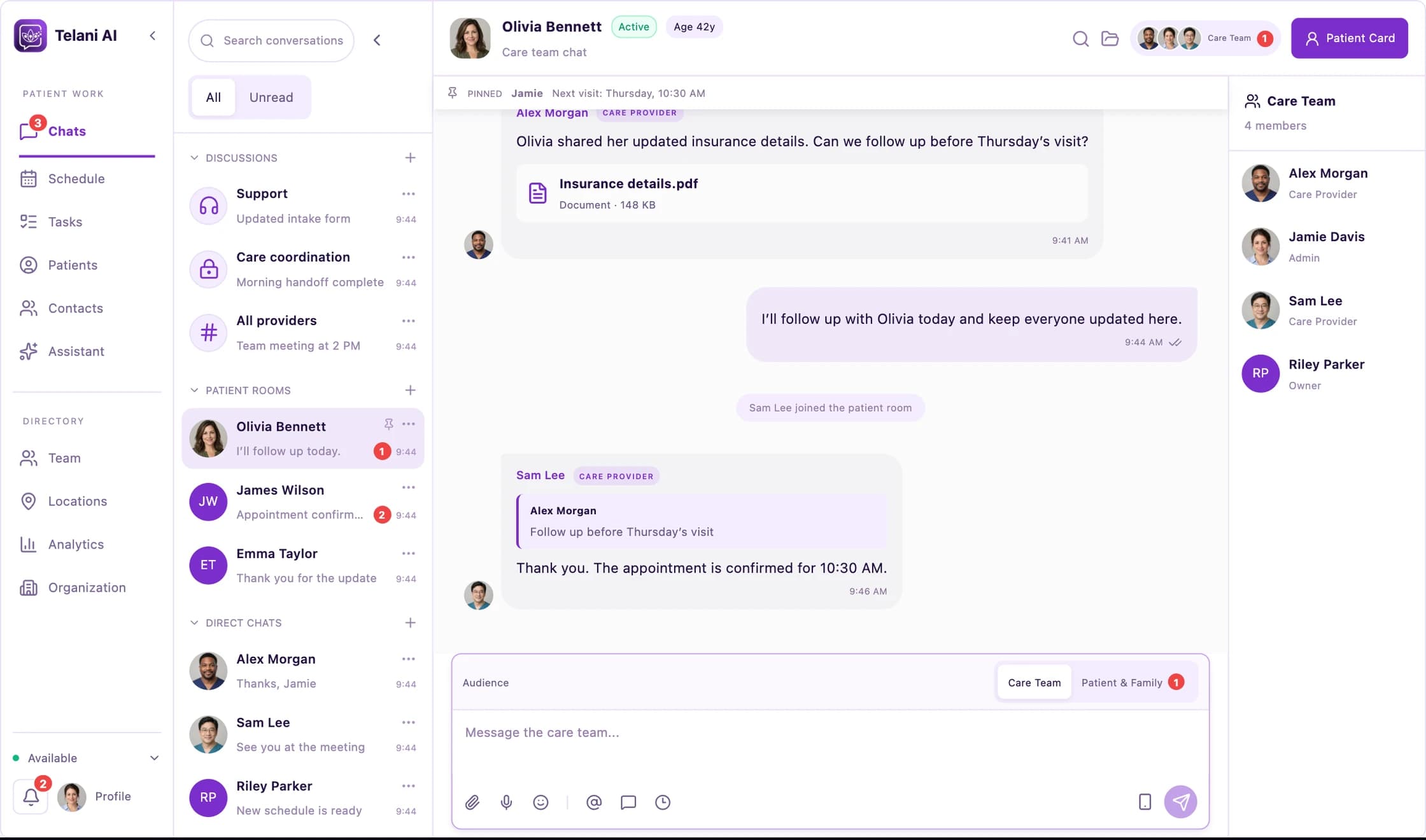 Telani web workspace showing a patient conversation, care team, and message composer with sample data