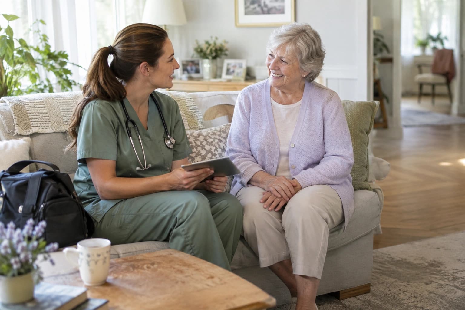 Photo of a visiting nurse speaking with an older adult at home.