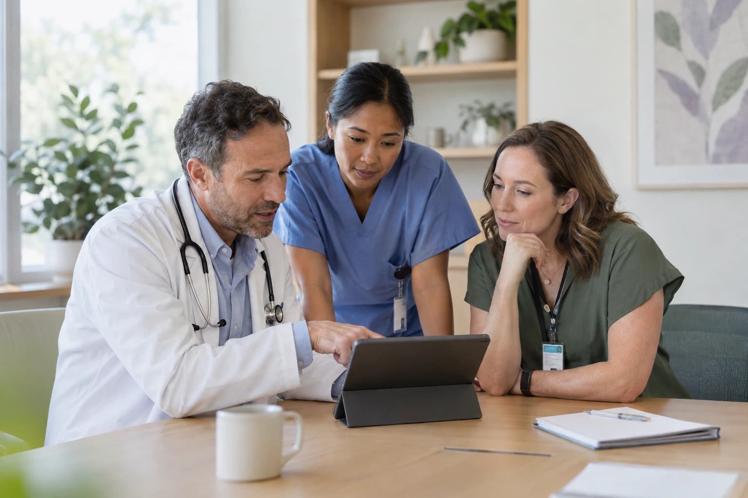 Photo of a physician, nurse, and coordinator planning together.