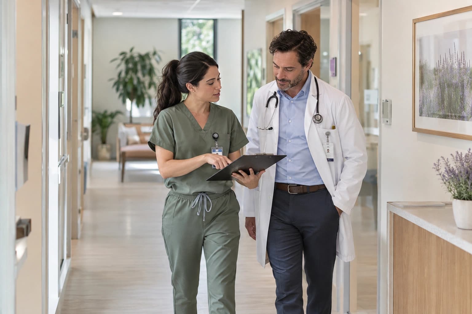 Photo of two colleagues coordinating in a clinic with several departments.