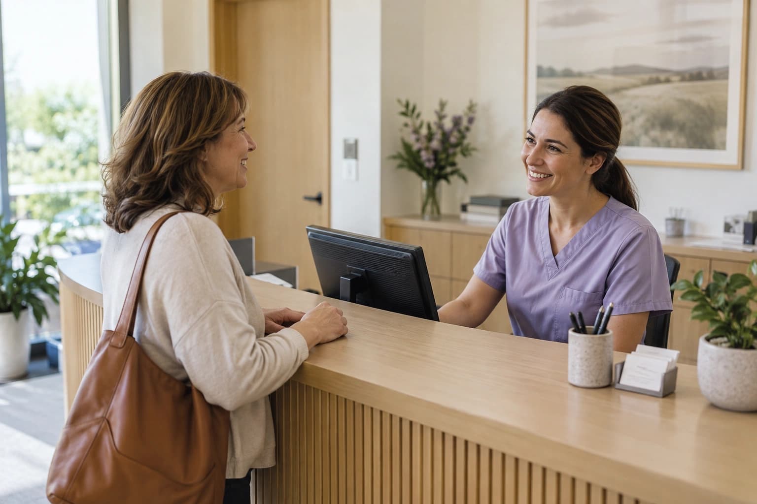 Photo of a receptionist welcoming a visitor to a healthcare practice.