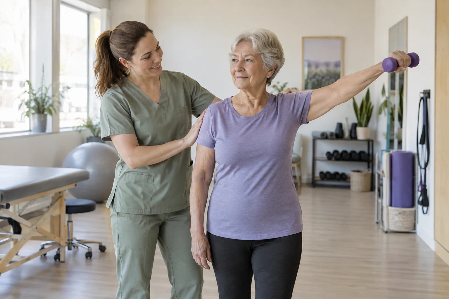 Photo of a physical therapist guiding a patient through a gentle movement.