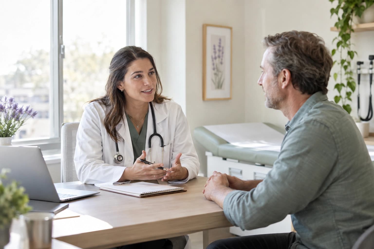 Photo of a clinician reviewing information with a patient at a clinic desk.