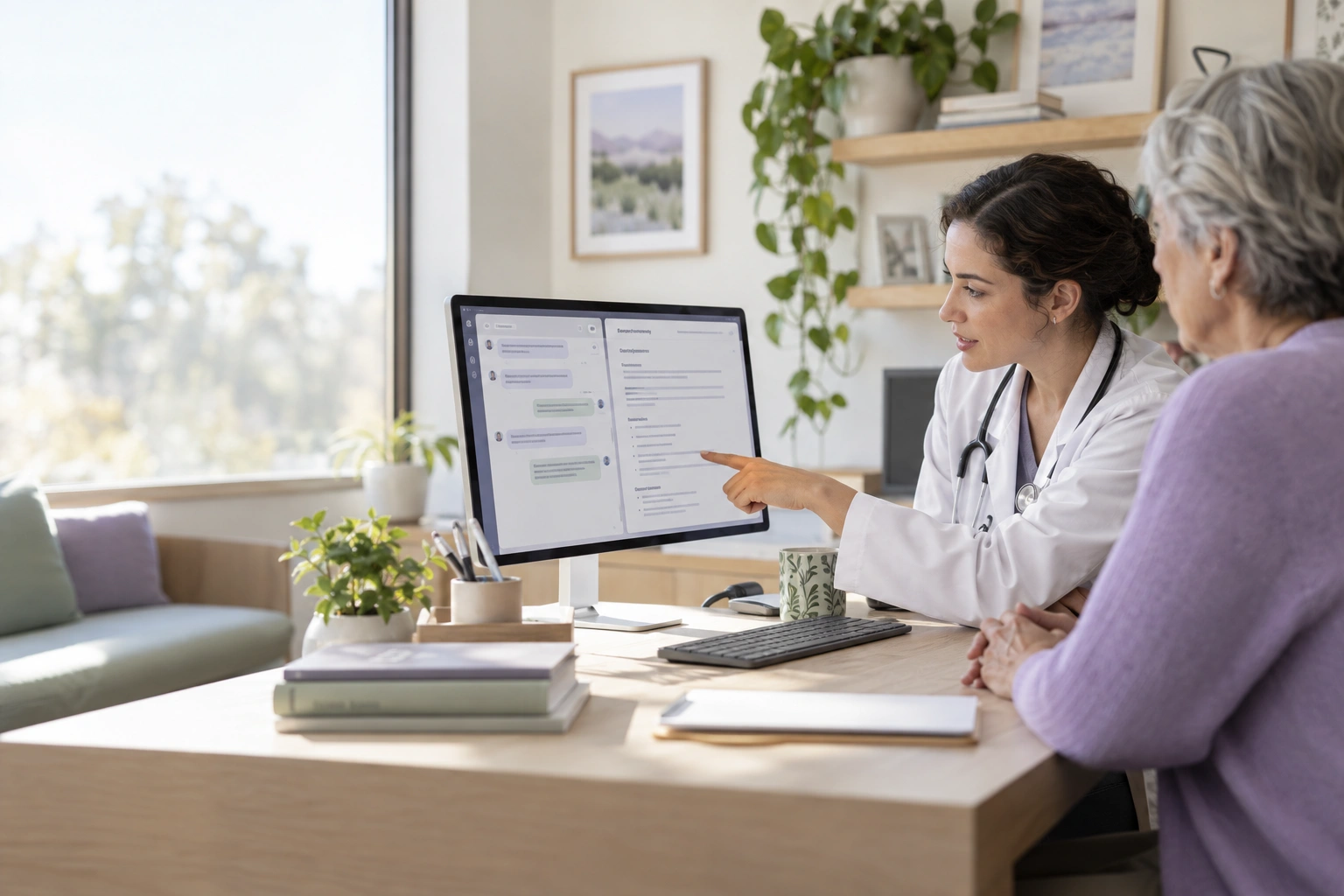 A clinician reviewing a conversation summary beside the original messages on a monitor.