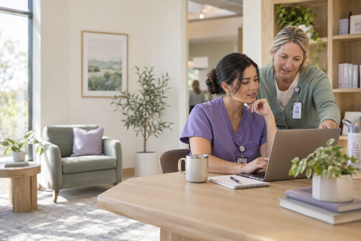 Healthcare coordinator reviewing upcoming work with a guided software assistant on a laptop.