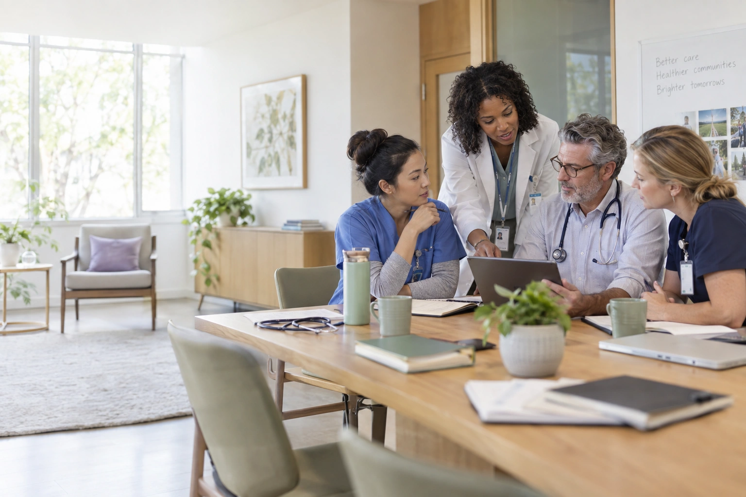 A multidisciplinary care team collaborating around a patient record at a meeting table.