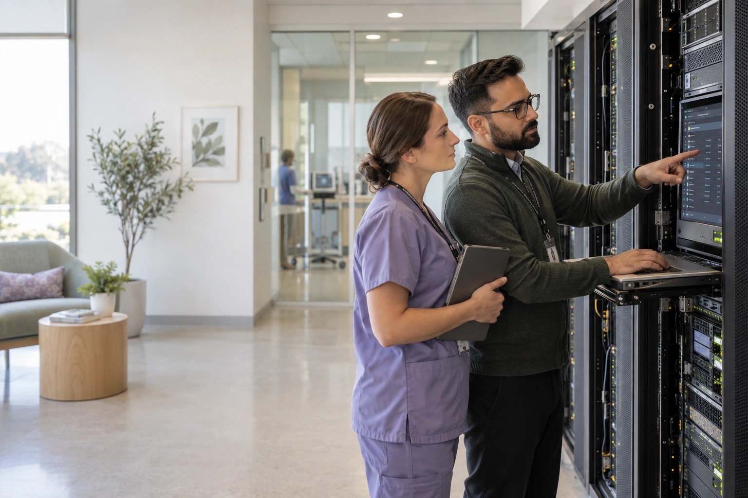 IT professional reviewing secure storage in a clean healthcare server operations room.