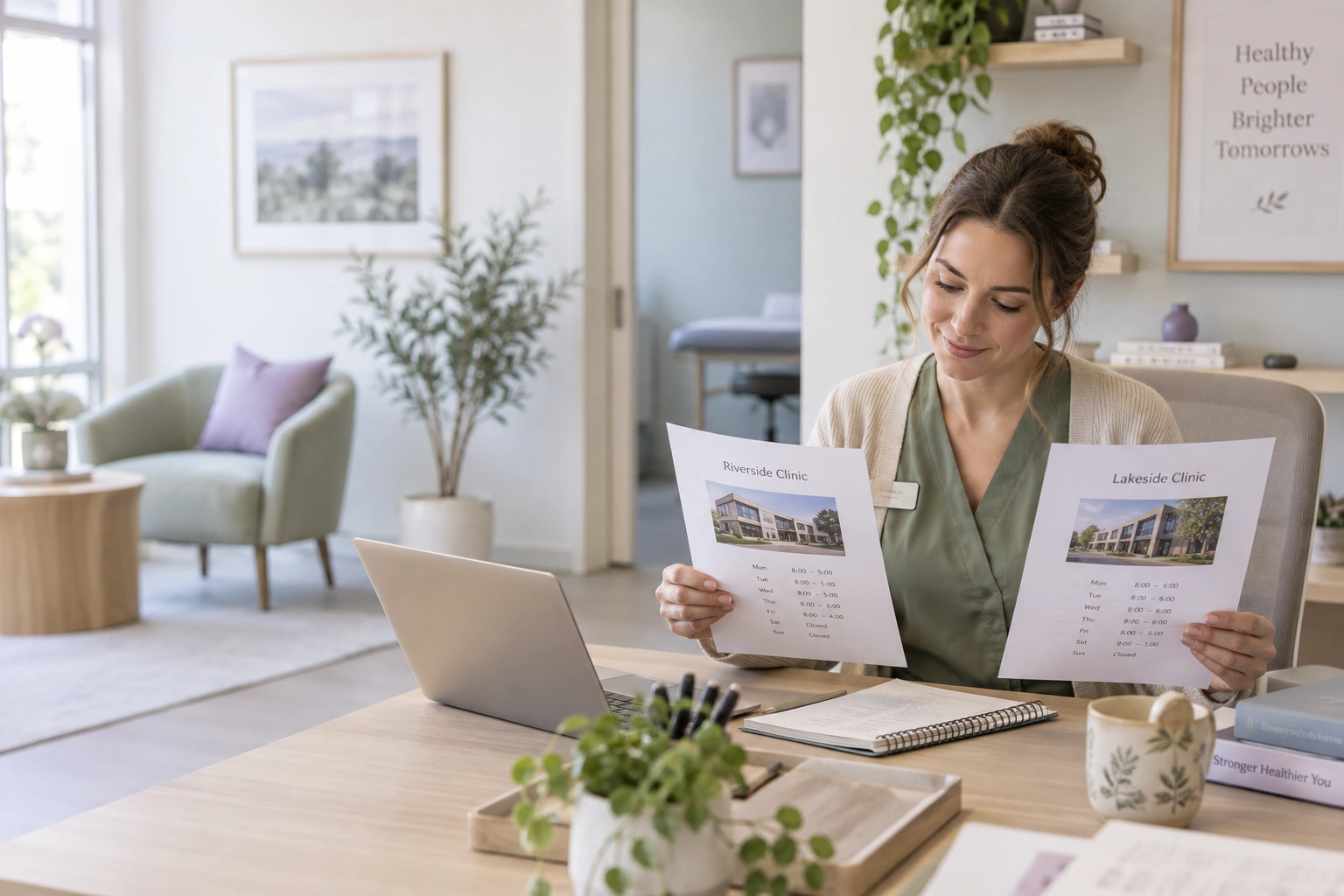 Office coordinator reviewing two clinic locations and their working hours at a desk.