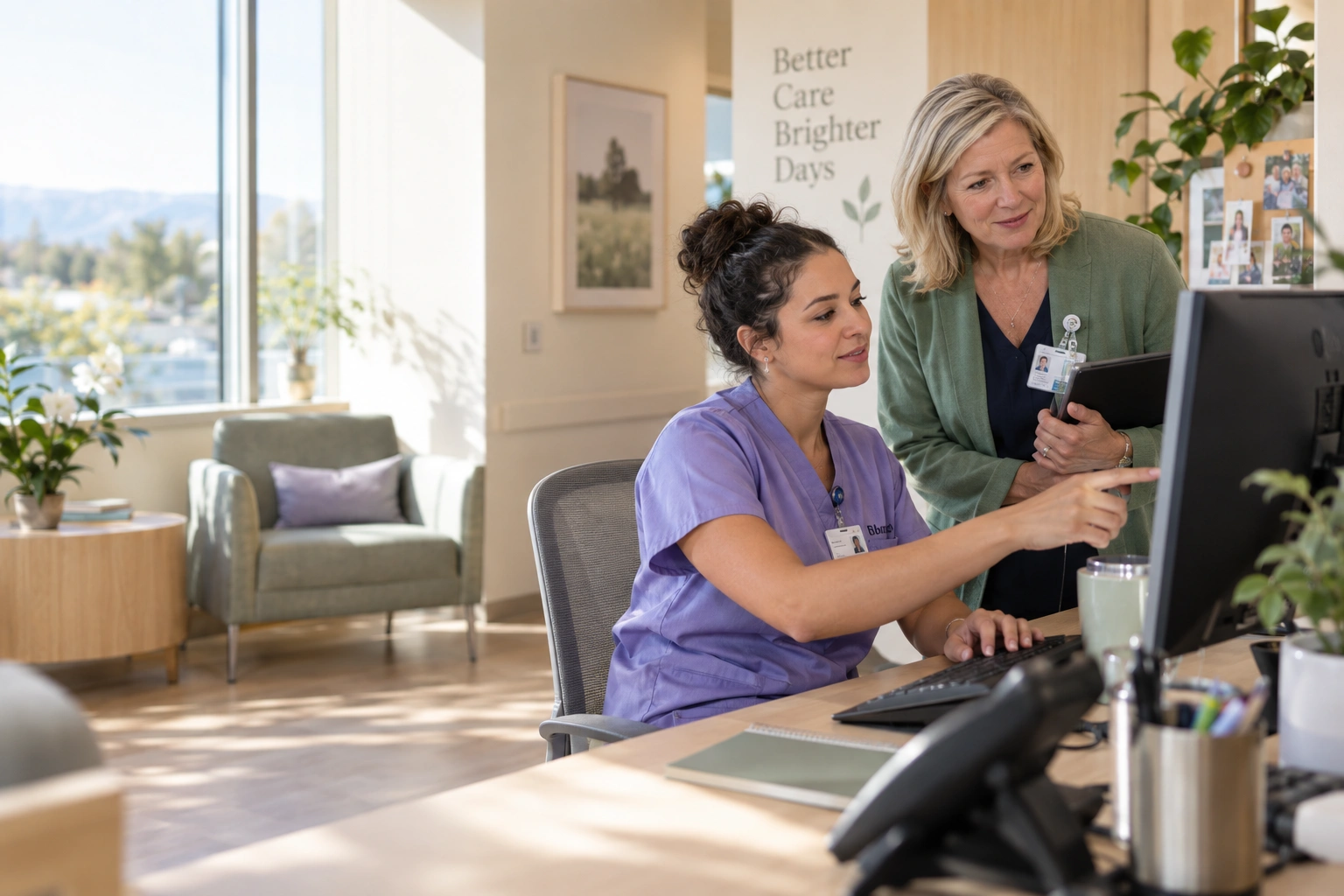 A nurse and coordinator checking who should receive a message at a shared workstation.