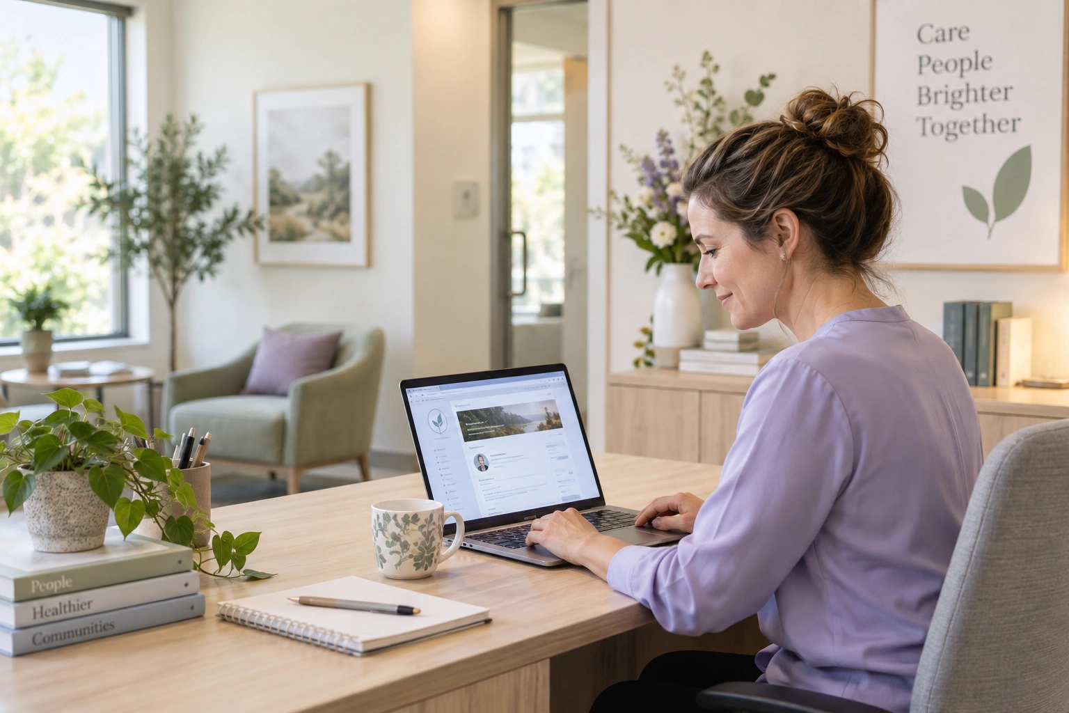 Clinic office manager customizing the organization's software profile at a laptop.