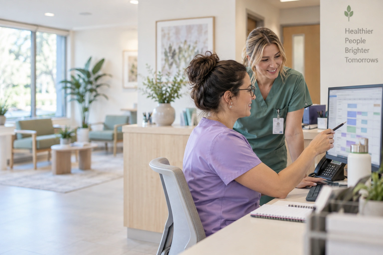 Clinic scheduler checking a week of appointments while talking with a colleague.