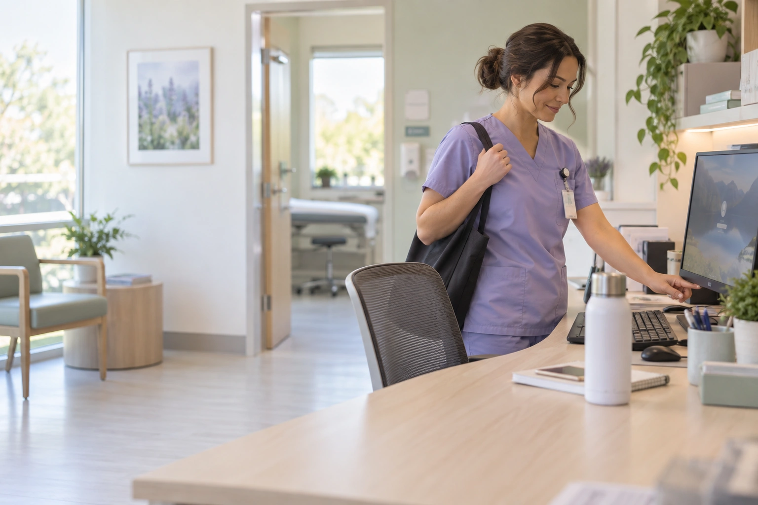 Healthcare professional locking a workstation before leaving a clinic desk.