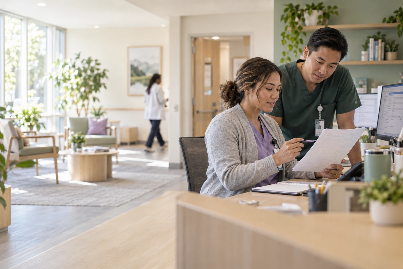 A coordinator reviewing assigned patient follow-ups at a bright clinic workstation.