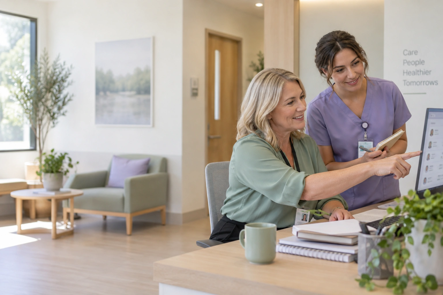 Clinic manager reviewing staff roles and invitations with a new colleague.