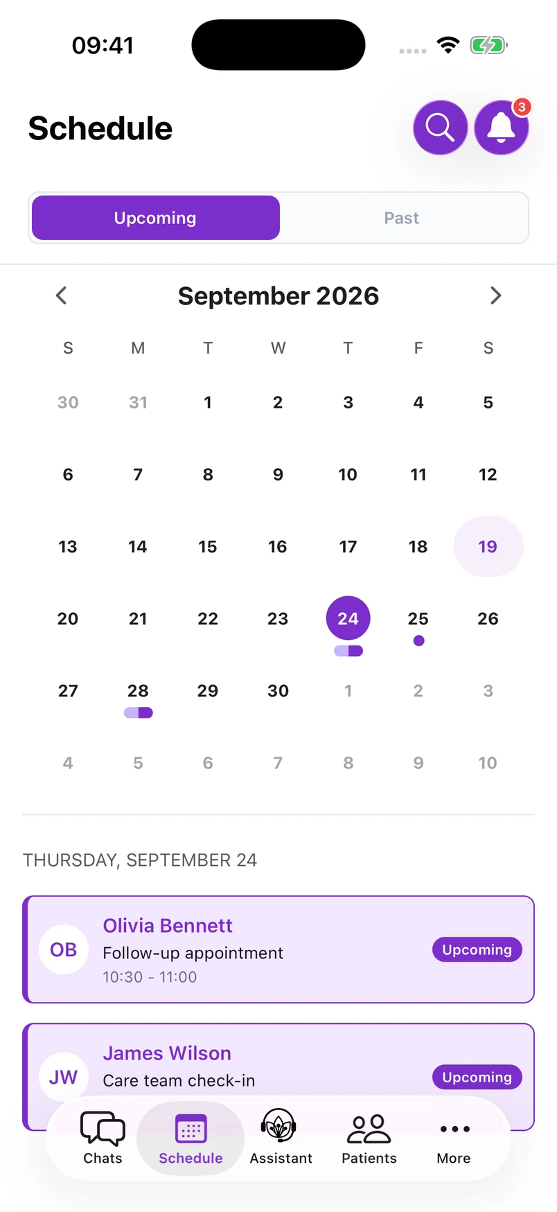 Mobile schedule with fictional sample data